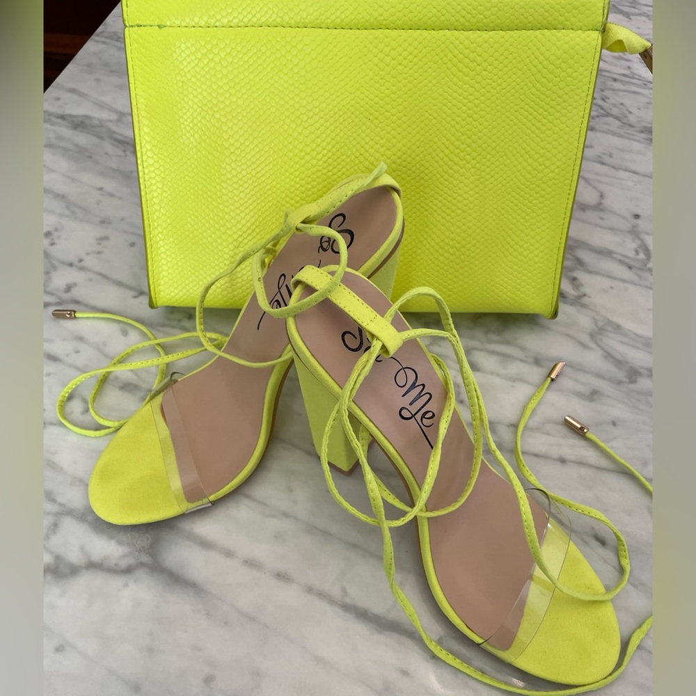 Neon Yellow Lace Up Heel Sandals And Clutch